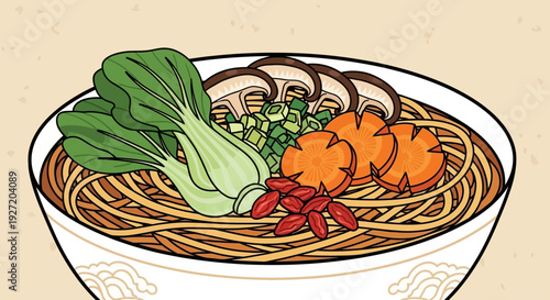 Illustration of a delicious bowl of Japanese ramen with bok choy and vegetables
