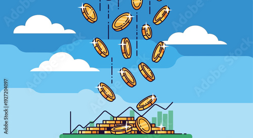 Illustration of golden coins falling from the sky onto a financial growth chart