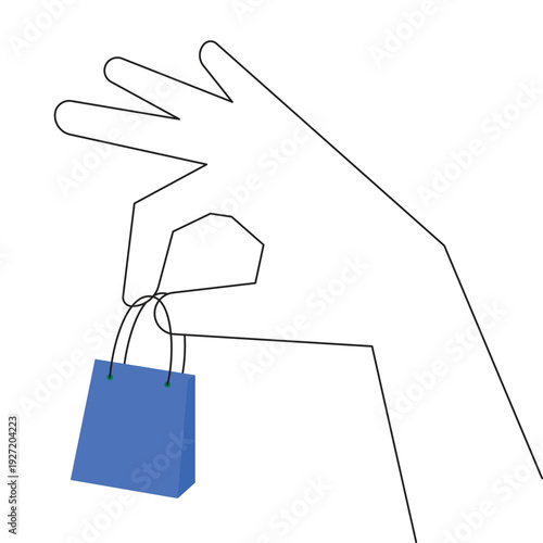 Minimalist line art hand holding a small blue shopping bag representing retail and consumerism vector illustration.