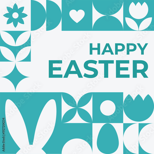 Colorful modern Easter design with bunny, eggs and floral elements. Ideal for greeting cards, social media, branding, seasonal promotions, marketing campaigns and spring holiday decor.