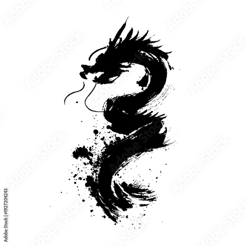 dragon, ink, sumi, brush, silhouette, 墨絵, 龍, 和風, 水墨画, モノクロ