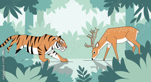 Vector flat illustration of a tiger stalking a deer by a watering hole in a lush green jungle wildlife scene for print or web use