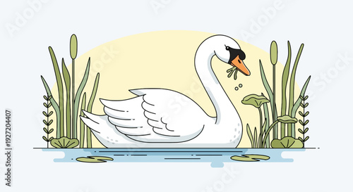 Vector illustration of a graceful swan swimming in a pond among cattails and lily pads; flat design with pastel colors aquatic wildlife concept