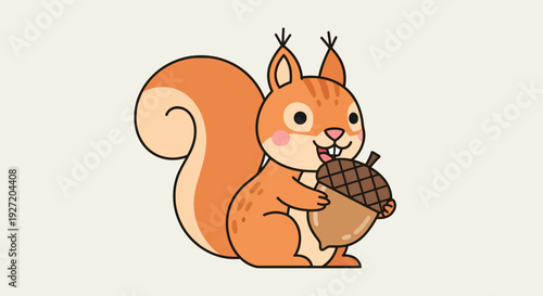 Cartoon squirrel holding acorn illustration in vector flat style; cute orange animal character for kids designs and autumn graphics