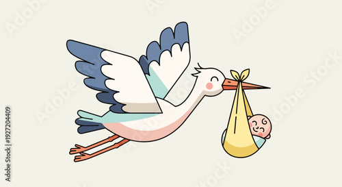 Vector illustration of a stork carrying a baby in a sling cute cartoon style with pastel colors for baby shower or newborn announcement design
