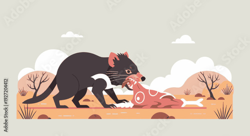 Vector illustration of a Tasmanian devil feasting on meat in a dry landscape with bare trees and cloudy sky stylized and flat design