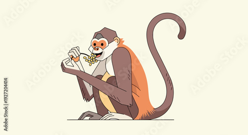 Cartoon monkey eating seeds from a spoon vector illustration of tropical wildlife with brown and orange fur playful primate in flat design