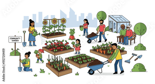 People working together in a community garden with plants and gardening tools on a sunny day with a cityscape in the background