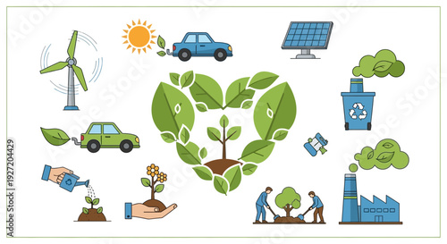 Eco-friendly transportation and renewable energy sources surround a growing green heart