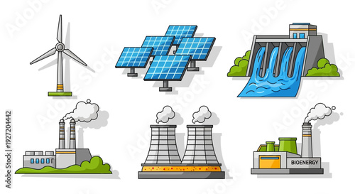 Various Power Generation Facilities Including Wind Turbine Solar Panels Hydroelectric Dam and Industrial Plants
