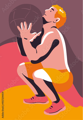 A man performing squats with a medicine ball. Vector illustration. Color illustration. Suitable for posters, banners, and postcards.