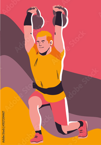 A man doing lunges with kettlebells. Vector illustration. Color illustration. Suitable for posters, banners, and postcards.