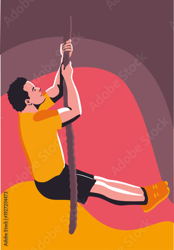 Man climbing a rope. Vector illustration. Color illustration. Suitable for posters, banners, and postcards.