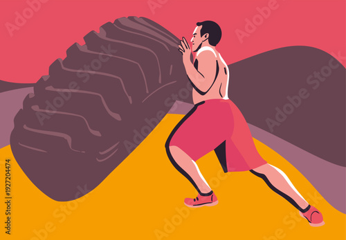 A man doing a tire flip. Vector illustration. Color illustration. Suitable for posters, banners, and postcards.