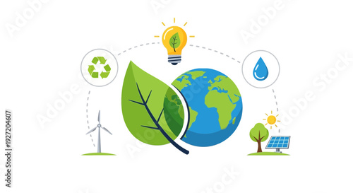 Earth with Renewable Energy Sources and Eco-Friendly Symbols Surrounding the Globe in a Stylized Illustration