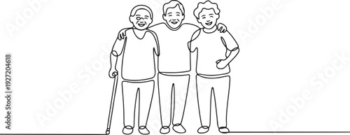 A group of happy seniors. Happy old age. International Day for Older Persons. one line art icon drawing vector