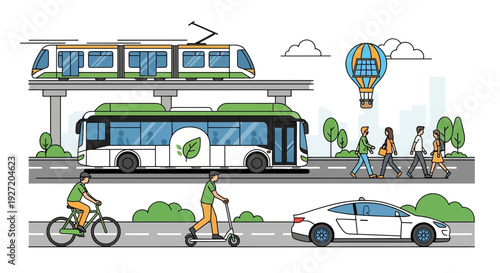Sustainable transport system with eco-friendly bus, cyclists, pedestrians, and car sharing road infrastructure.