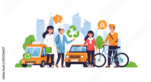 Community members interacting with eco-friendly vehicles and bicycles in urban setting