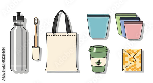Assorted eco-friendly items including reusable water bottle and coffee cup on white background, viewed from directly above