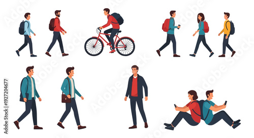 Students walking and cycling on campus with backpacks from a dynamic overhead viewpoint