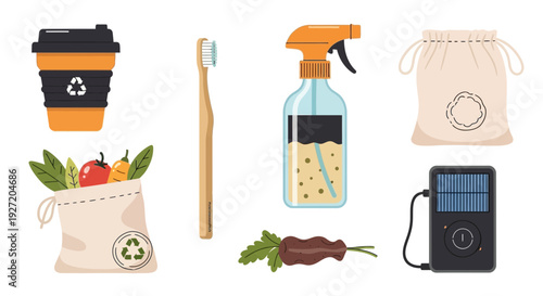 Eco-friendly daily essentials arranged neatly on a clean surface, showcasing reusable items and sustainable products from a top-down perspective.