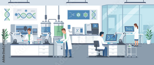 Flat Vector Illustration of a Modern Gene Therapy Laboratory with Scientists, Robotic Arms, DNA Sequencing, Bioreactors, and Advanced Biotechnology Equipment for Genetic Research and Innovation
