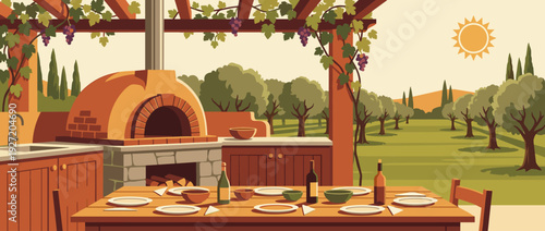 Flat vector illustration of a traditional wood-fired pizza oven and outdoor kitchen in a sunny vineyard. Features a dining table with wine and plates under a grape arbor pergola with olive trees