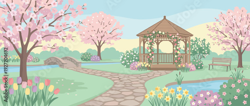 Flat vector illustration of a scenic spring garden landscape with blooming cherry blossom trees, a rustic stone path leading to a wooden gazebo, a stone bridge over a stream, and colorful tulips.