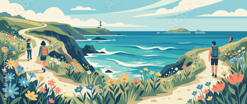 Flat vector illustration of a scenic coastal cliff walk with hikers on a winding path surrounded by colorful wildflowers, overlooking a blue ocean with waves, a distant lighthouse, and islands.