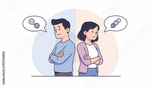 Sad couple standing back to back with arms crossed representing a conflict of opinion, misunderstanding, and communication gap in a relationship, flat vector illustration of marital problems.