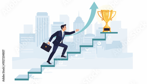 Businessman in a suit climbing stairs towards a golden trophy, representing career growth, success, and achievement of business goals with city skyline background, flat vector illustration.