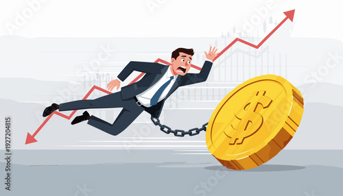 Businessman Chained to a Large Falling Dollar Coin During a Financial Crisis and Stock Market Crash, Concept of Bankruptcy, Debt, Economic Downturn, Inflation, and Currency Devaluation