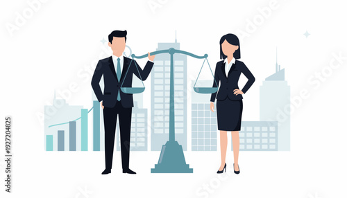 Gender equality in corporate business vector concept featuring a professional businessman and businesswoman standing by a large scale of justice with city skyline and financial growth chart.