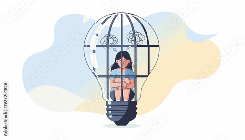 Sad woman trapped inside a lightbulb cage representing a fixed mindset, mental health struggles, and feeling stuck. Illustration of psychological barriers, depression, anxiety, and creative block.