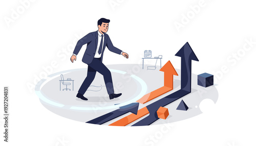 Businessman Stepping Out of His Comfort Zone for Career Growth and Success. Vector Illustration of a Professional Man Taking a Risk, Moving Towards Upward Arrows and New Business Opportunities.