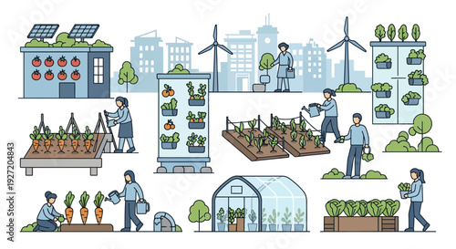 Sustainable urban farming practices and renewable energy sources in a modern cityscape with people working in gardens and greenhouses