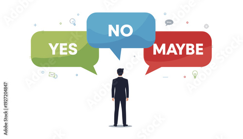 Businessman facing a difficult choice with yes, no, and maybe speech bubbles. Concept of decision making, business strategy, uncertainty, and choosing the right path in a professional career.
