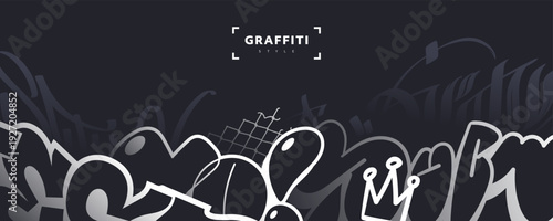 Urban graffiti style vector background with bold pieces, throws and tags. Graffiti border in black and white colors. Underground atmosphere banner design. Ideal for poster, print, wall decoration.