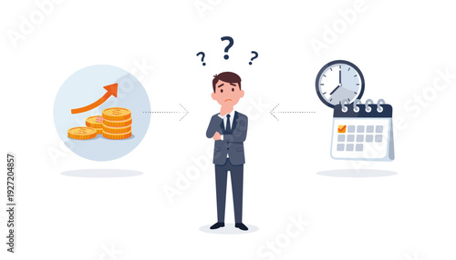 Businessman Making Choice Between Money and Time Concept. Thinking Professional Analyzing Options with Gold Coins Growth Arrow and Clock Calendar Icons. Decision Making Vector Illustration.