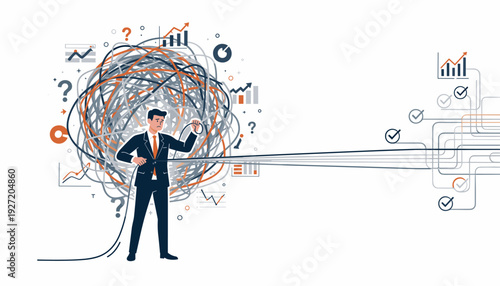 Businessman Untangling Chaotic Mess of Strings into Straight Lines with Checkmarks, Metaphor for Business Problem Solving, Simplification, Strategy, and Finding Solutions in Difficult Situations