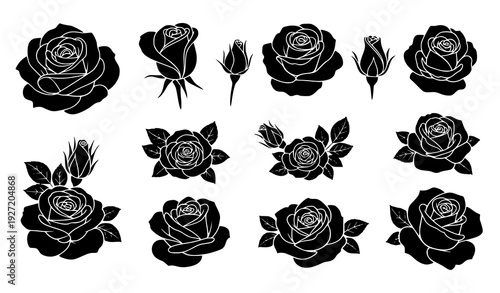 Black Rose Silhouette Vector Bundle Floral Flower Shapes Isolated on White Background