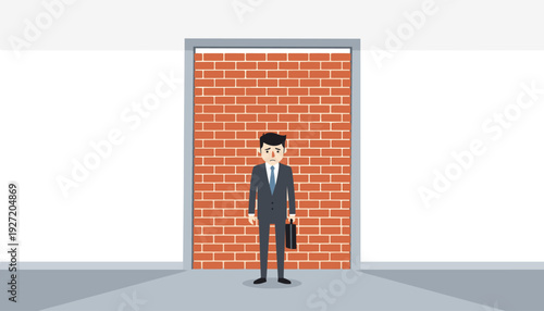 Sad businessman standing in front of a brick wall blocking a doorway, representing a dead end, career obstacle, failure, and no way out in a professional business environment vector illustration.