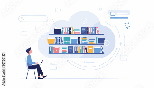 Online Library Concept with User Reading on Cloud Virtual Bookshelf Storage, Digital Education and E-learning Vector Illustration for Web Design, Data Management and Remote Learning Technology.