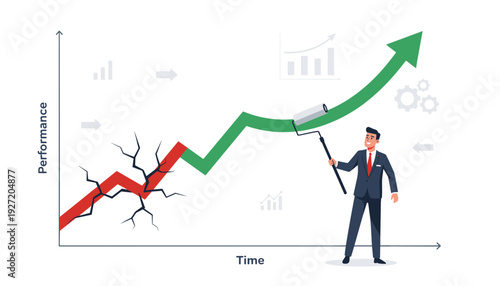 Businessman Using a Paint Roller to Transform a Cracked Red Performance Graph into a Growing Green Arrow, Metaphor for Crisis Management, Problem Solving, Business Recovery, and Financial Growth