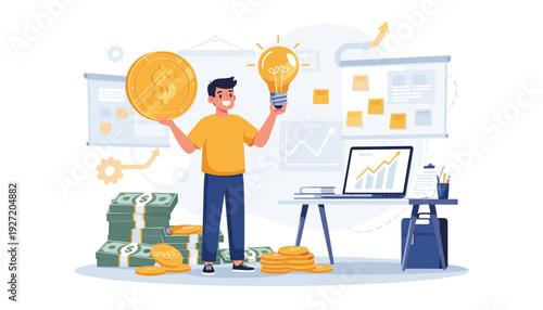 Business Entrepreneur Holding Light Bulb and Gold Coin for Creative Idea Success, Financial Growth with Money Stacks and Laptop in Workspace, Innovation and Profit Vector Illustration Concept