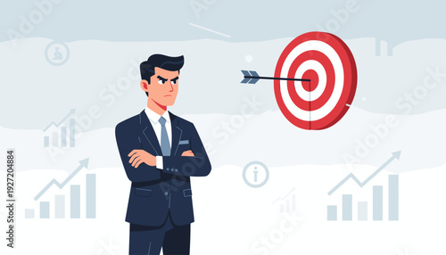 Focused Businessman in Suit Looking at Target with Arrow in Bullseye, Concept for Business Goal Achievement, Strategic Planning, Success, and Growth with Financial Bar Charts Background.