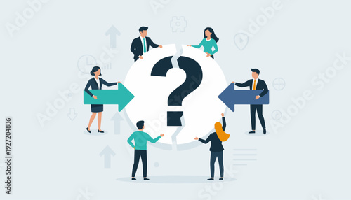 Business Teamwork and Problem Solving Concept with Diverse People Collaborating to Assemble a Large Question Mark Puzzle Piece, Professional Coworkers Working Together for Solutions and Strategy.