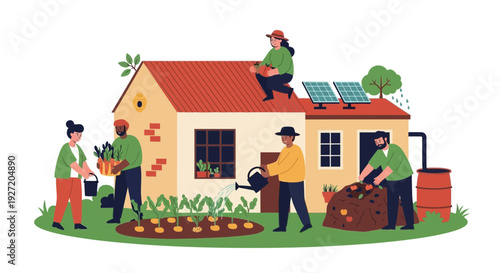 People working together on a house with solar panels on the roof in a garden surrounded by plants and flowers
