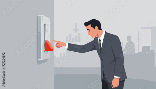 Businessman in formal suit turning off a big power switch in a modern office, symbolic illustration of business failure, bankruptcy, cost-cutting, energy saving, and shutting down operations.
