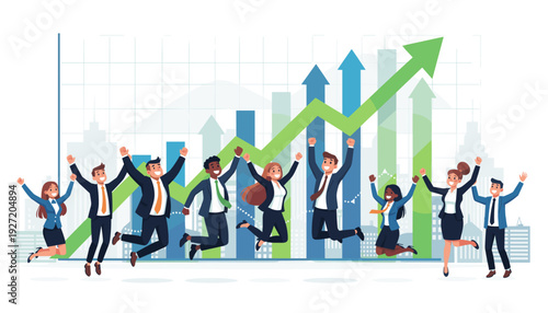 Happy diverse business team jumping in celebration of success and career growth in front of a rising financial bar chart with a green arrow, representing profit, achievement, and teamwork.